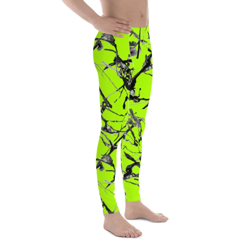 Neon Green Marble Print Meggings, Premium Rave Party Men's Leggings- Made in USA/EU