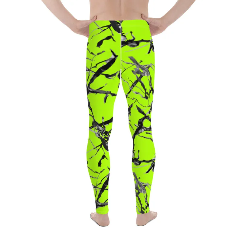 Neon Green Marble Print Meggings, Premium Rave Party Men's Leggings- Made in USA/EU