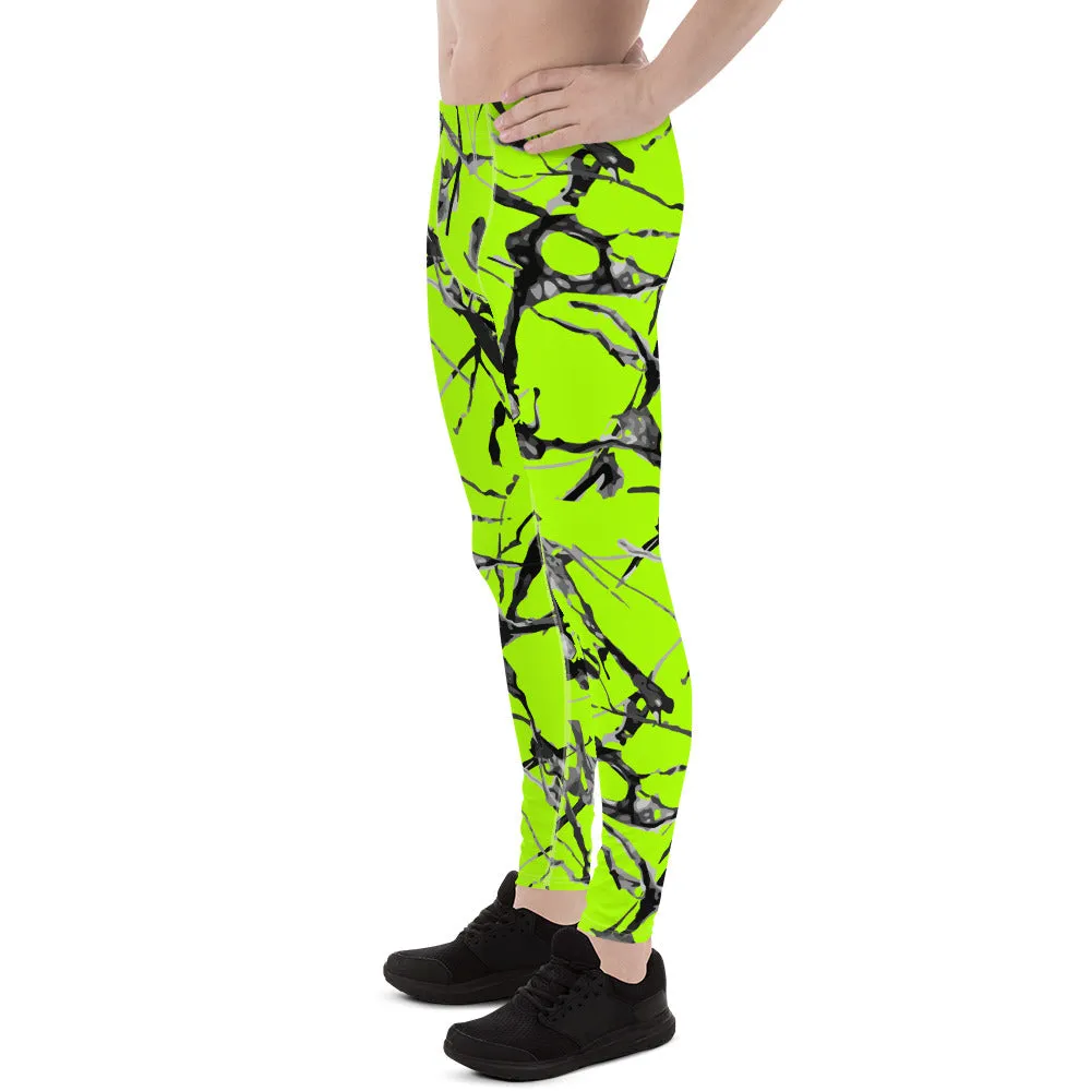 Neon Green Marble Print Meggings, Premium Rave Party Men's Leggings- Made in USA/EU