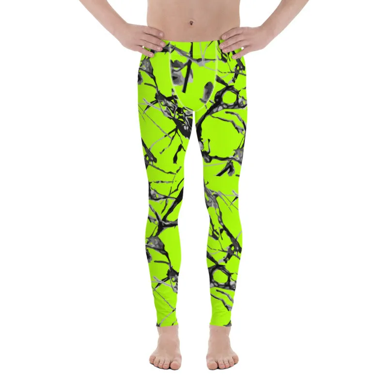 Neon Green Marble Print Meggings, Premium Rave Party Men's Leggings- Made in USA/EU