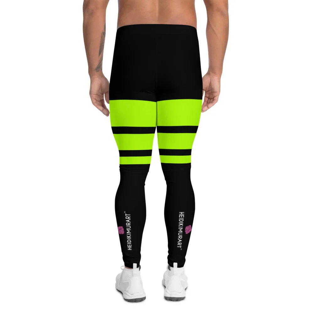 Neon Green Striped Men's Leggings, Horizontally Striped Premium Meggings-Made in USA/EU/MX (US Size: XS-3XL)