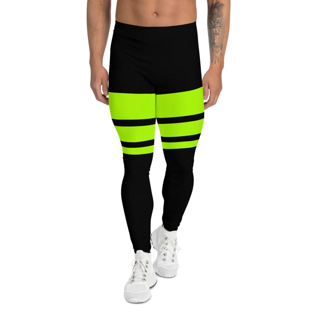 Neon Green Striped Men's Leggings, Horizontally Striped Premium Meggings-Made in USA/EU/MX (US Size: XS-3XL)