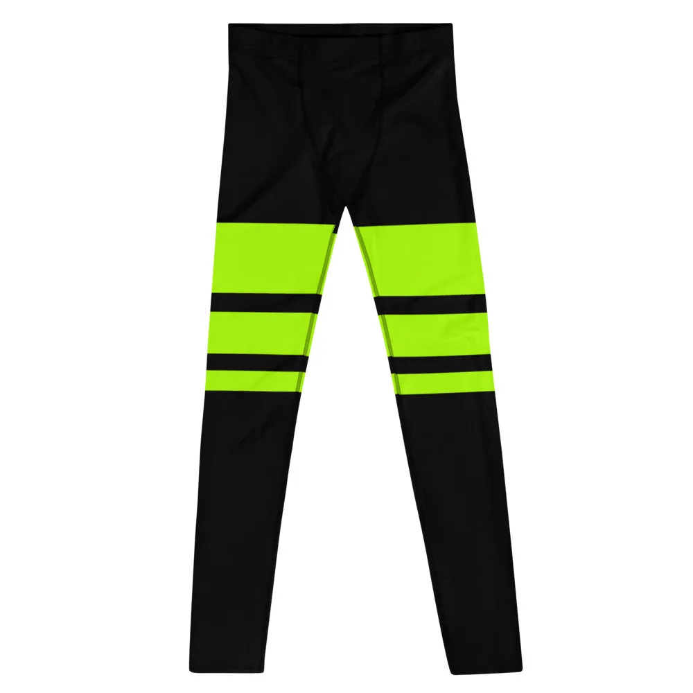 Neon Green Striped Men's Leggings, Horizontally Striped Premium Meggings-Made in USA/EU/MX (US Size: XS-3XL)