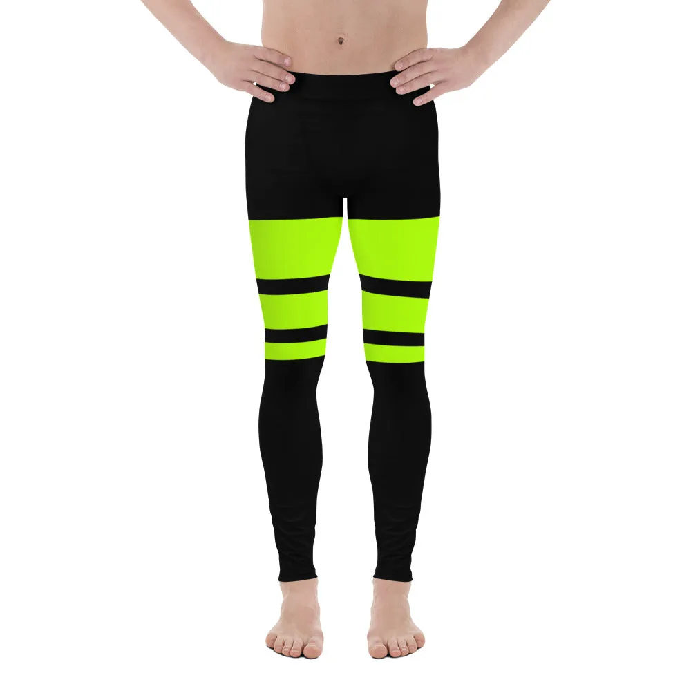 Neon Green Striped Men's Leggings, Horizontally Striped Premium Meggings-Made in USA/EU/MX (US Size: XS-3XL)