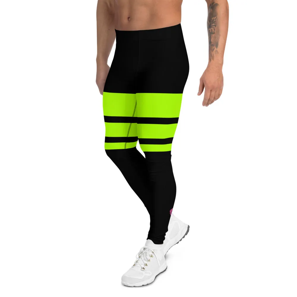 Neon Green Striped Men's Leggings, Horizontally Striped Premium Meggings-Made in USA/EU/MX (US Size: XS-3XL)