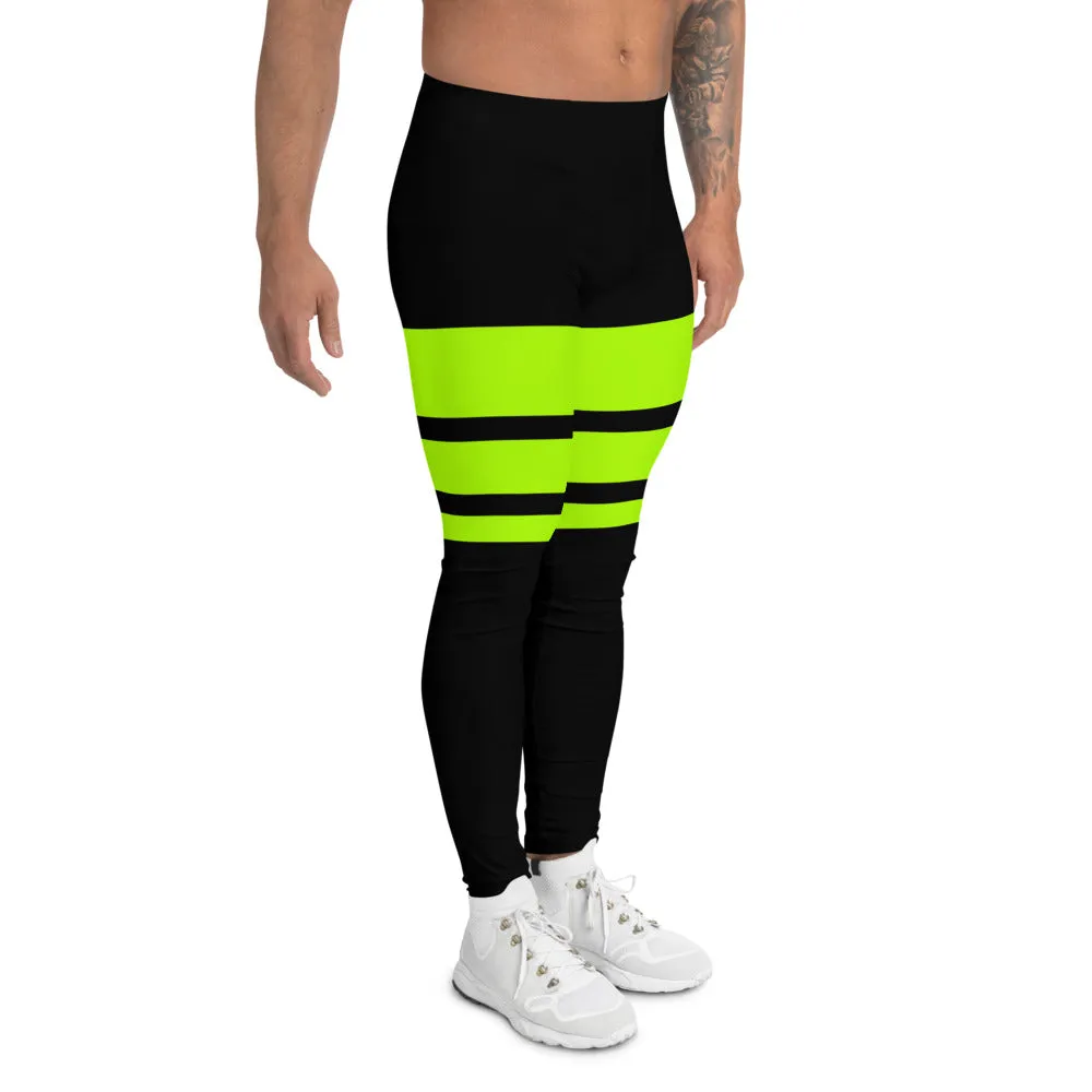 Neon Green Striped Men's Leggings, Horizontally Striped Premium Meggings-Made in USA/EU/MX (US Size: XS-3XL)