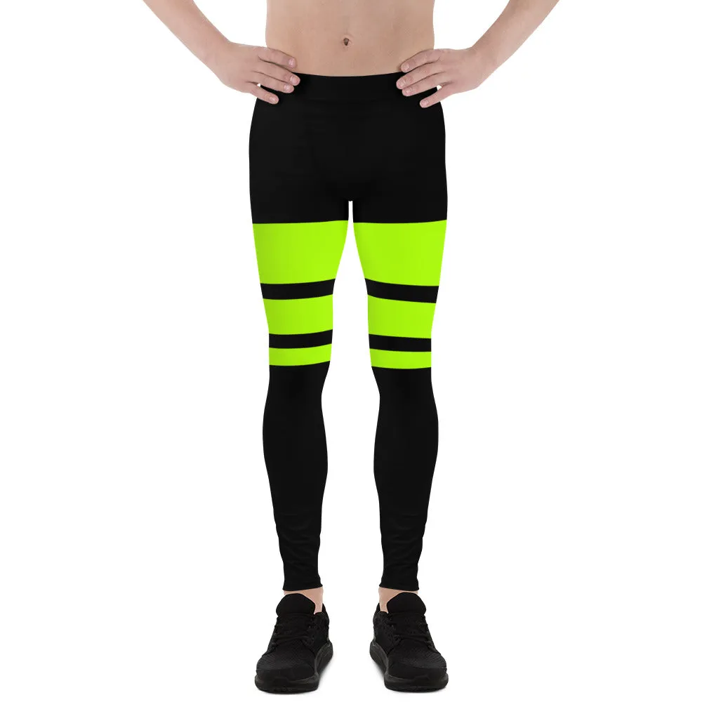 Neon Green Striped Men's Leggings, Horizontally Striped Premium Meggings-Made in USA/EU/MX (US Size: XS-3XL)