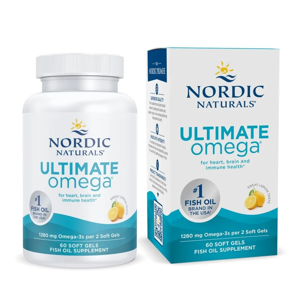 Nordic Naturals Ultimate Omega 3 Fish Oil Softgels | 1280 Mg Omega 3 Fatty Acids | High-Potency Fish Oil Omega 3 Supplement For Men And Women With EPA & DHA | Fish Oil Lemon Flavour 60 Softgels