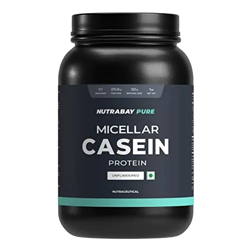 Nutrabay Pure 100% Micellar Casein Protein - 25.9g Protein & 5.5g BCAA, Slow Digesting Anti-Catabolic Protein - 1kg Unflavoured