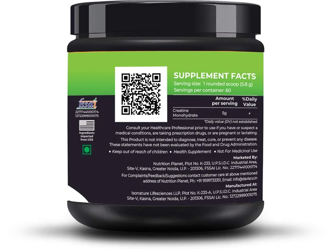 Nutrition Planet Micronized Creatine Monohydrate (Green Apple, 348g / 0.76 Lb, 60 Servings)