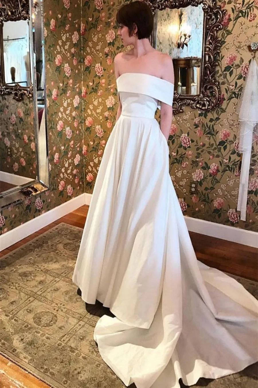 Off Shoulder White Satin Long Wedding Dresses with Train