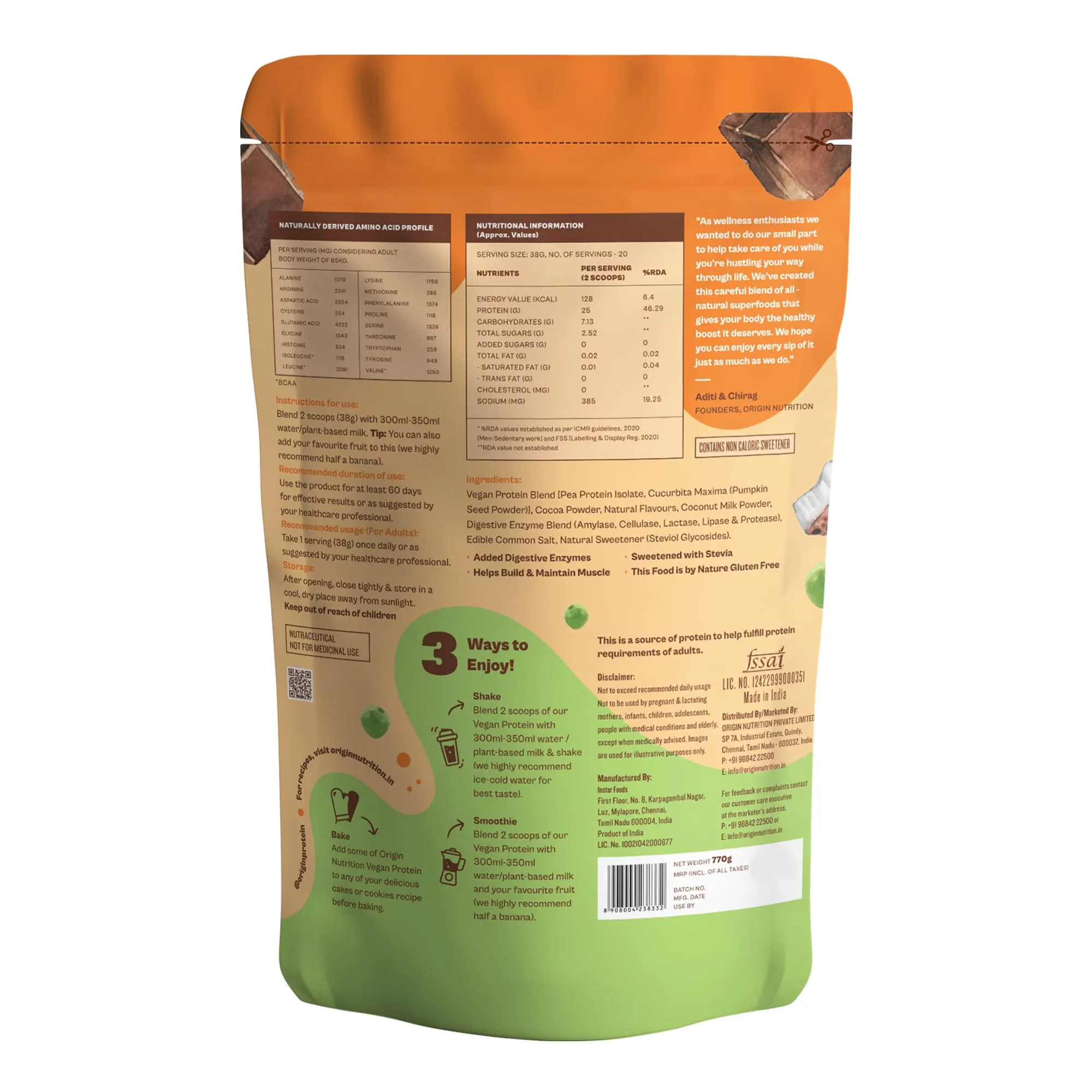 Origin Nutrition 100% Natural Vegan Protein Powder (European Pea Protein Isolate & Pumpkin Seed Protein) Easy to Digest Chocolate Flavour with 25g Plant Based Protein,770g