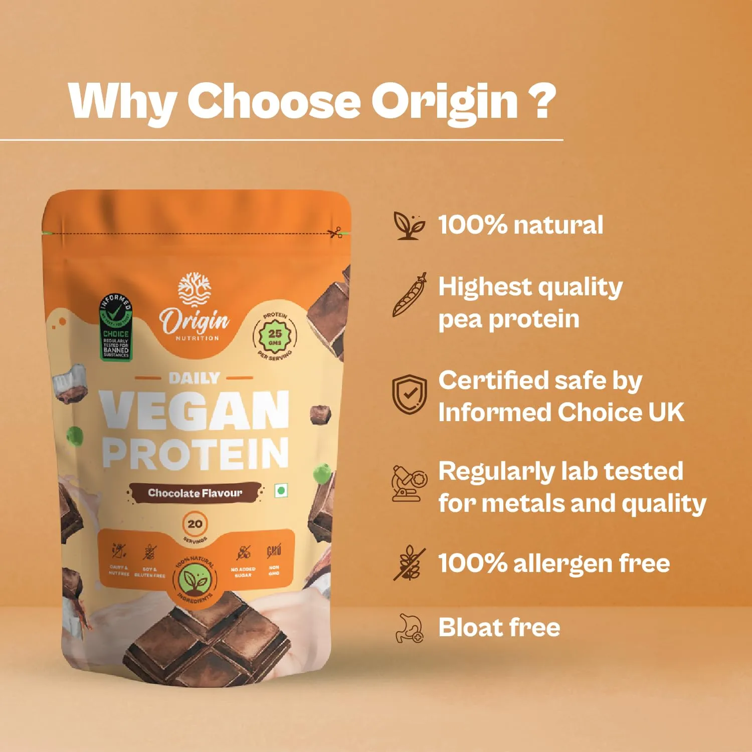 Origin Nutrition 100% Natural Vegan Protein Powder (European Pea Protein Isolate & Pumpkin Seed Protein) Easy to Digest Chocolate Flavour with 25g Plant Based Protein,770g