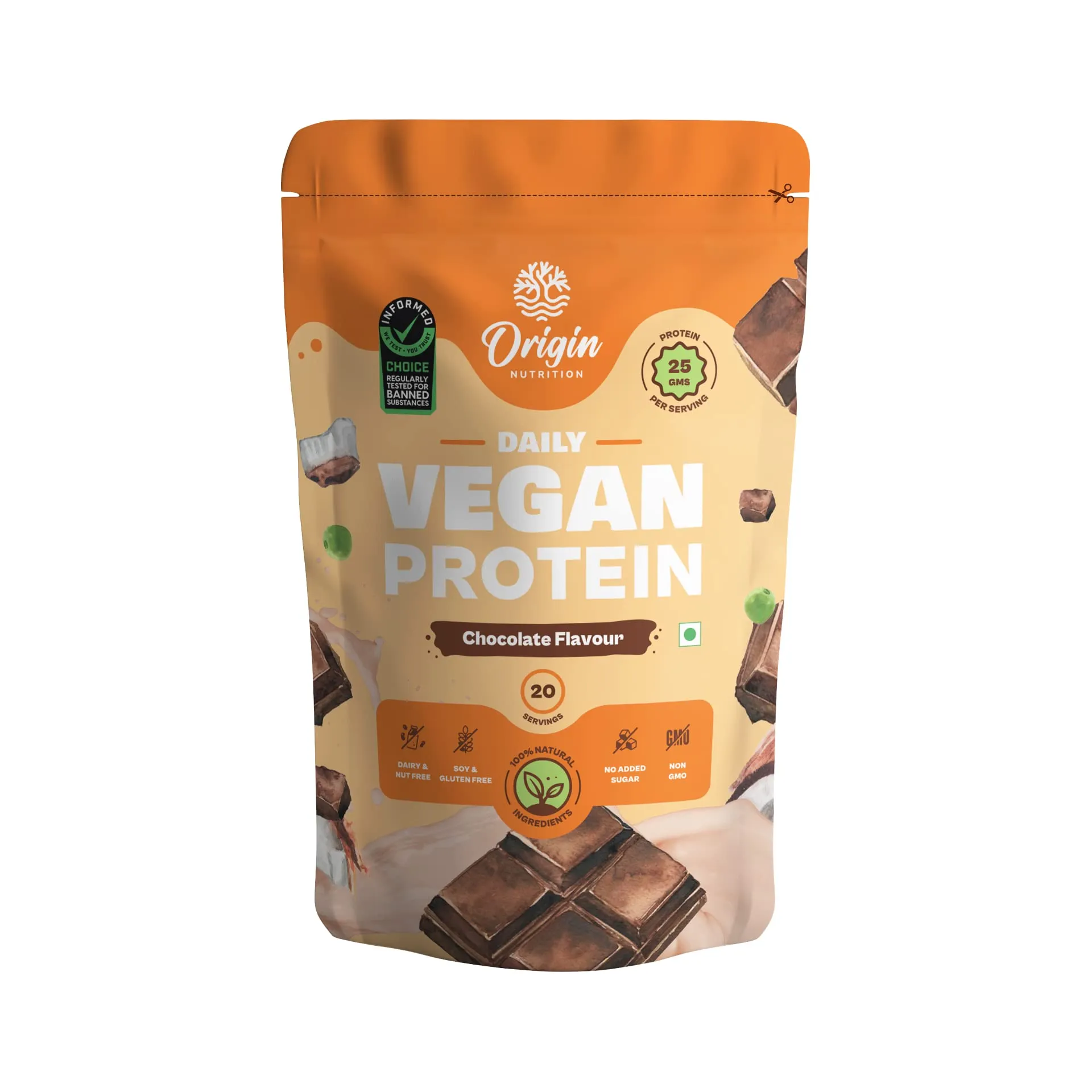 Origin Nutrition 100% Natural Vegan Protein Powder (European Pea Protein Isolate & Pumpkin Seed Protein) Easy to Digest Chocolate Flavour with 25g Plant Based Protein,770g