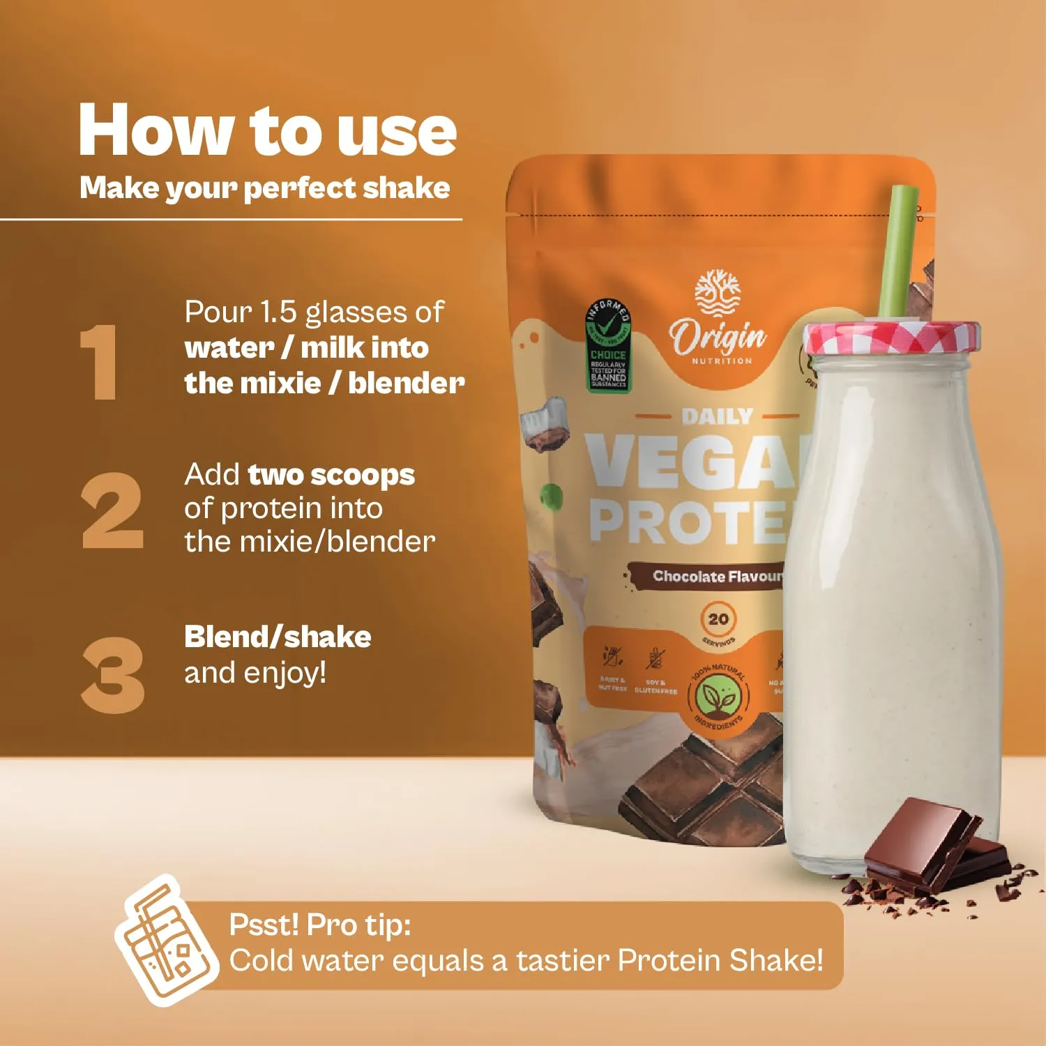 Origin Nutrition 100% Natural Vegan Protein Powder (European Pea Protein Isolate & Pumpkin Seed Protein) Easy to Digest Chocolate Flavour with 25g Plant Based Protein,770g