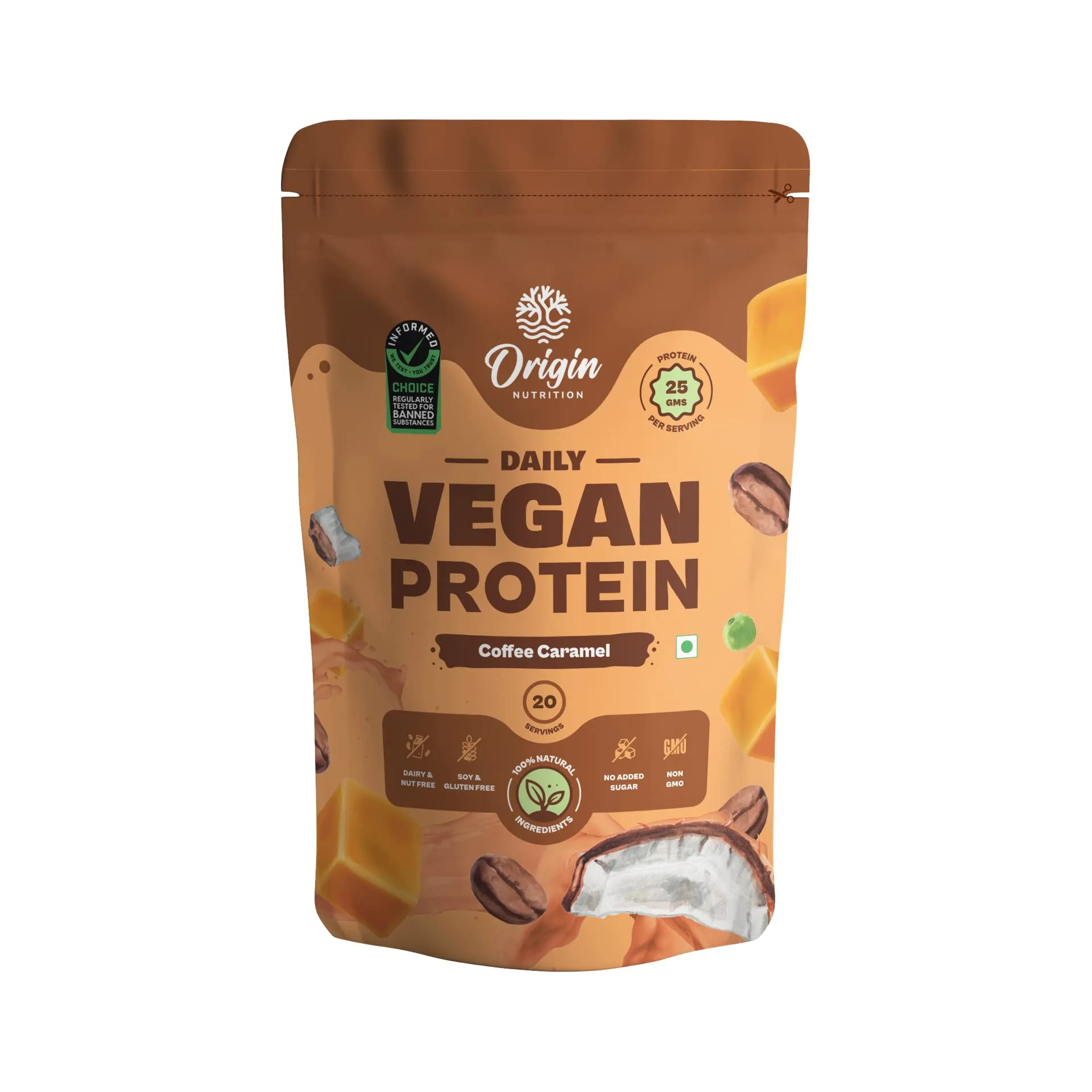 Origin Nutrition 100% Natural Vegan Protein Powder (European Pea Protein Isolate & Pumpkin Seed Protein) Easy to Digest Coffee Caramel with 25g Plant Based Protein,737g