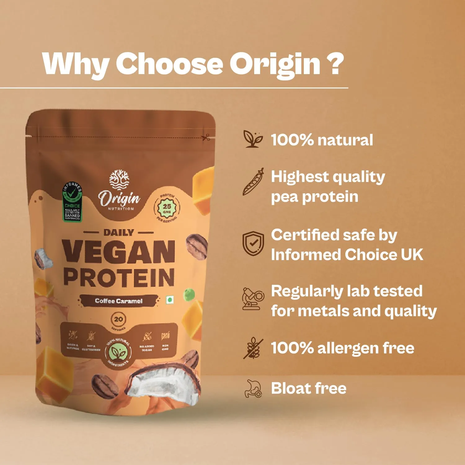 Origin Nutrition 100% Natural Vegan Protein Powder (European Pea Protein Isolate & Pumpkin Seed Protein) Easy to Digest Coffee Caramel with 25g Plant Based Protein,737g