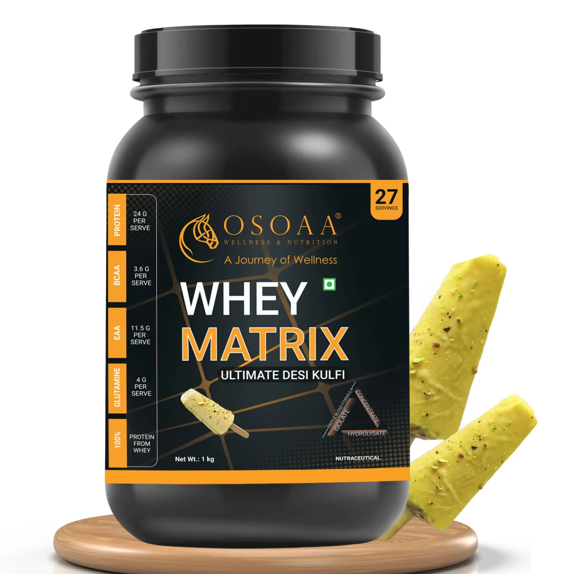 OSOAA European Whey Isolate Matrix TriBlend (1Kg,Desi Kulfi) | 24g Protein | Lab Tested & FSSAI Approved |Soy, Gluten & Sugar Free| Keto & Diabetic Friendly| Weight Management Drink (27 Serving)