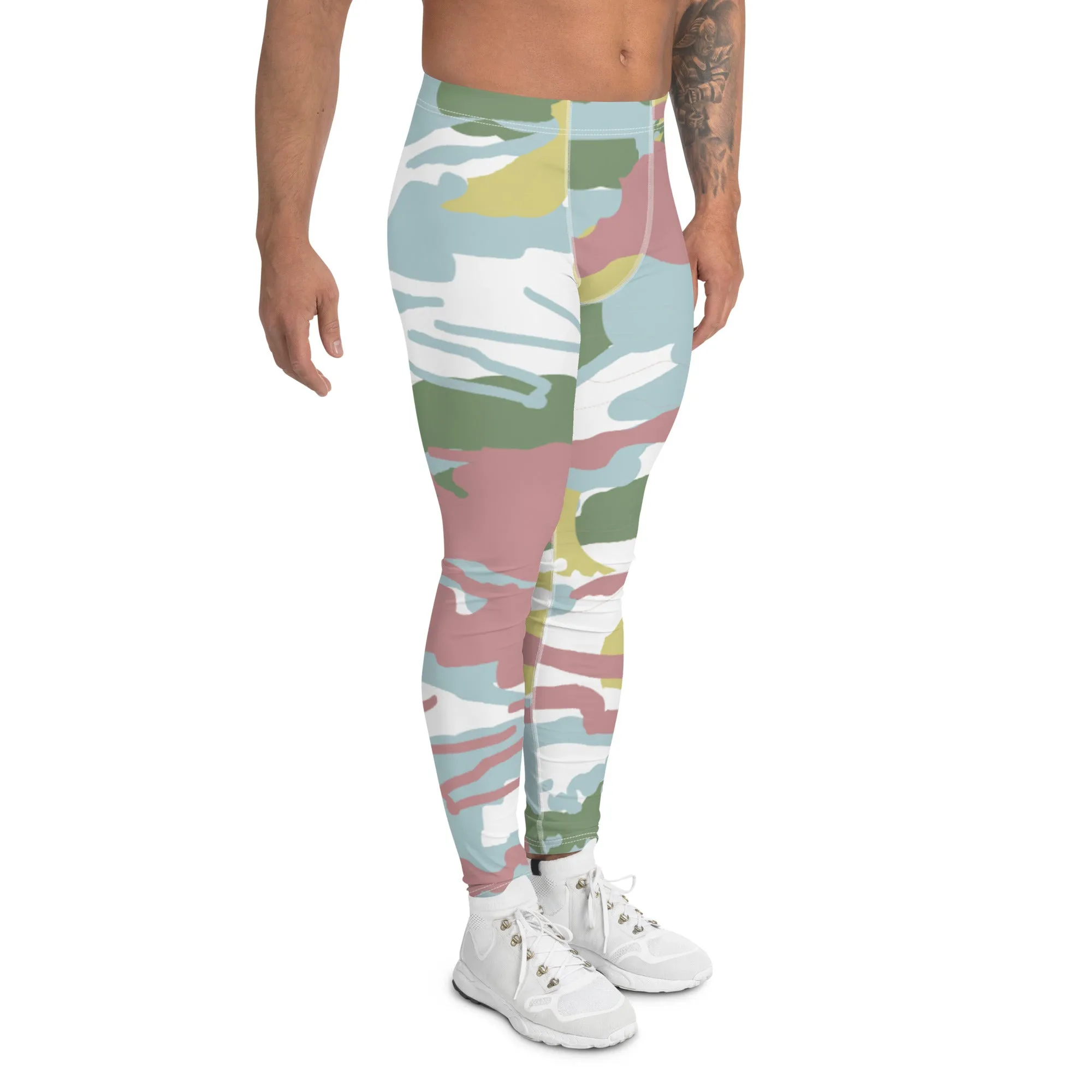 Pink Green Camo Men's Leggings, Camouflaged Military Print Best Designer Men's Leggings - Made in USA/EU/MX