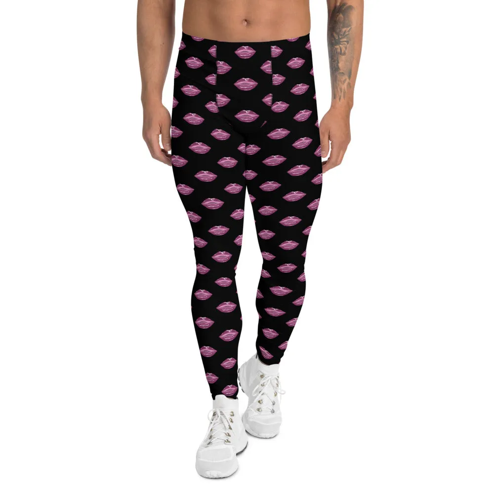 Pink Kiss Men's Leggings, Sexy Lips Meggings Run Compression Tights-Made in USA/EU