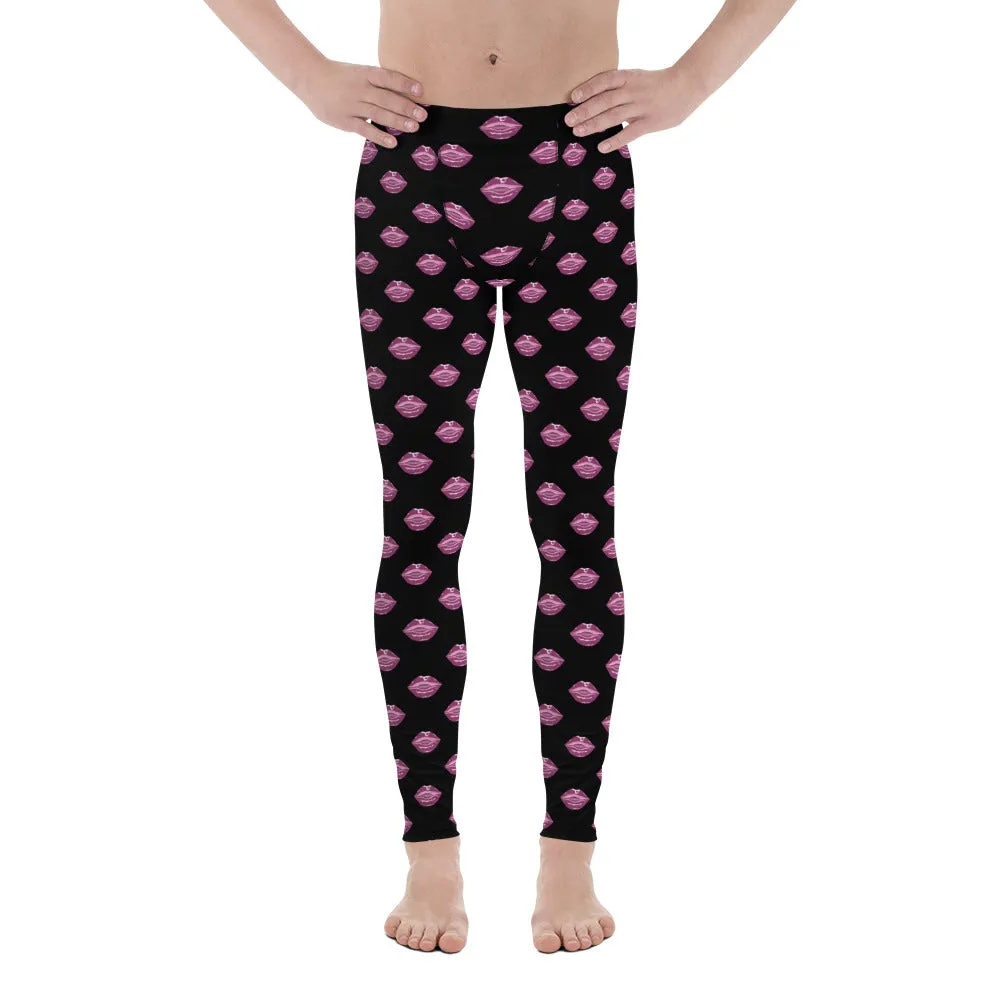 Pink Kiss Men's Leggings, Sexy Lips Meggings Run Compression Tights-Made in USA/EU