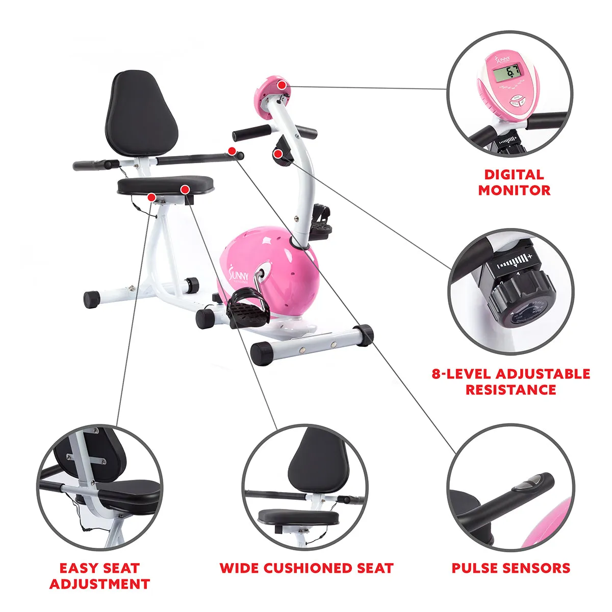 Pink Recumbent Exercise Bike Magnetic Resistance w/ Heart Rate Monitor