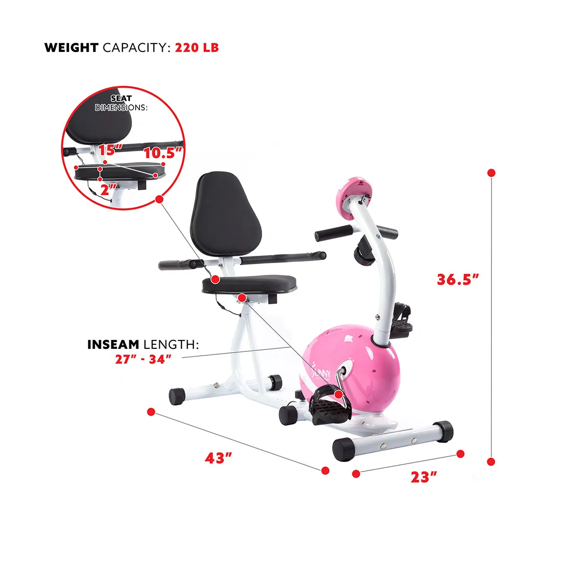 Pink Recumbent Exercise Bike Magnetic Resistance w/ Heart Rate Monitor