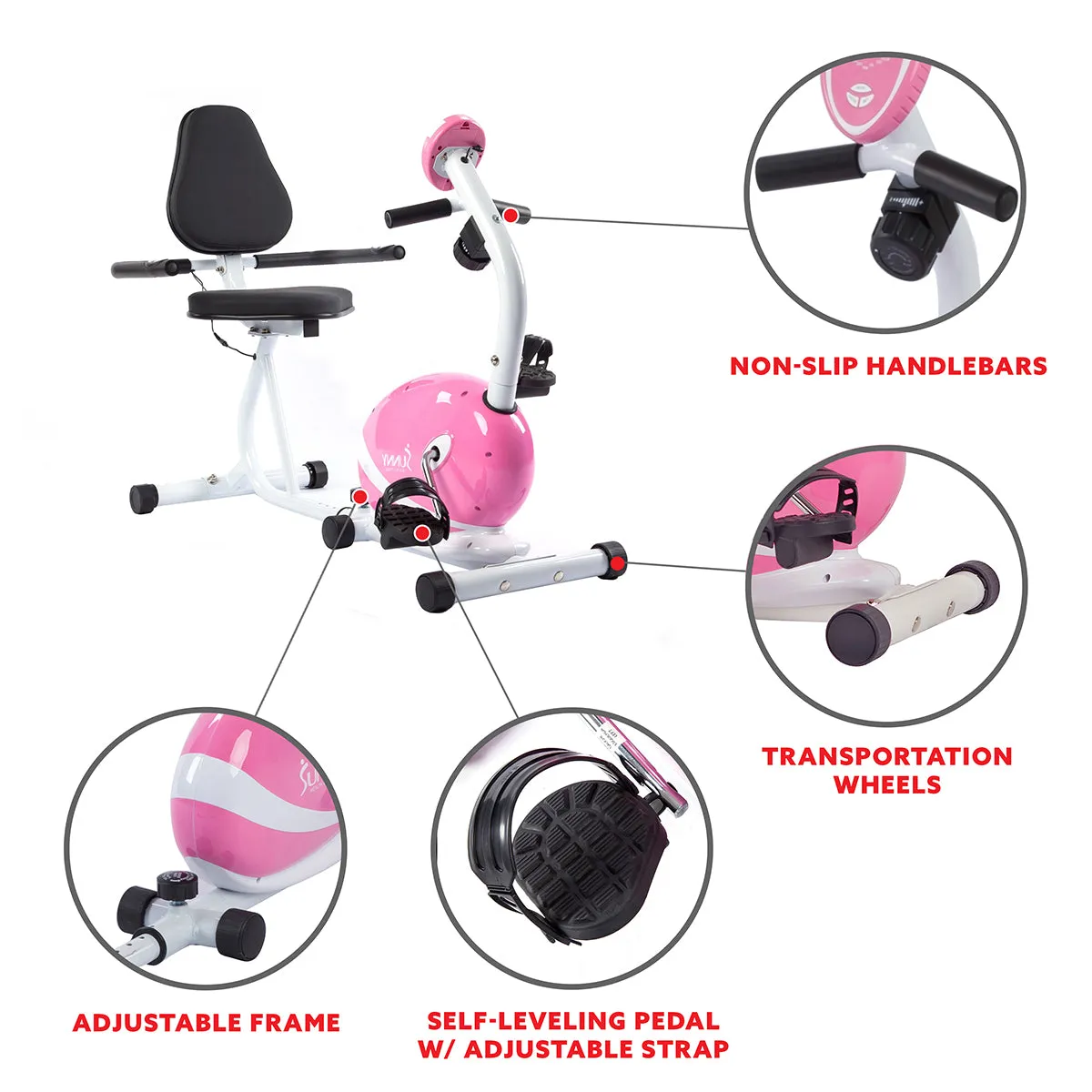 Pink Recumbent Exercise Bike Magnetic Resistance w/ Heart Rate Monitor