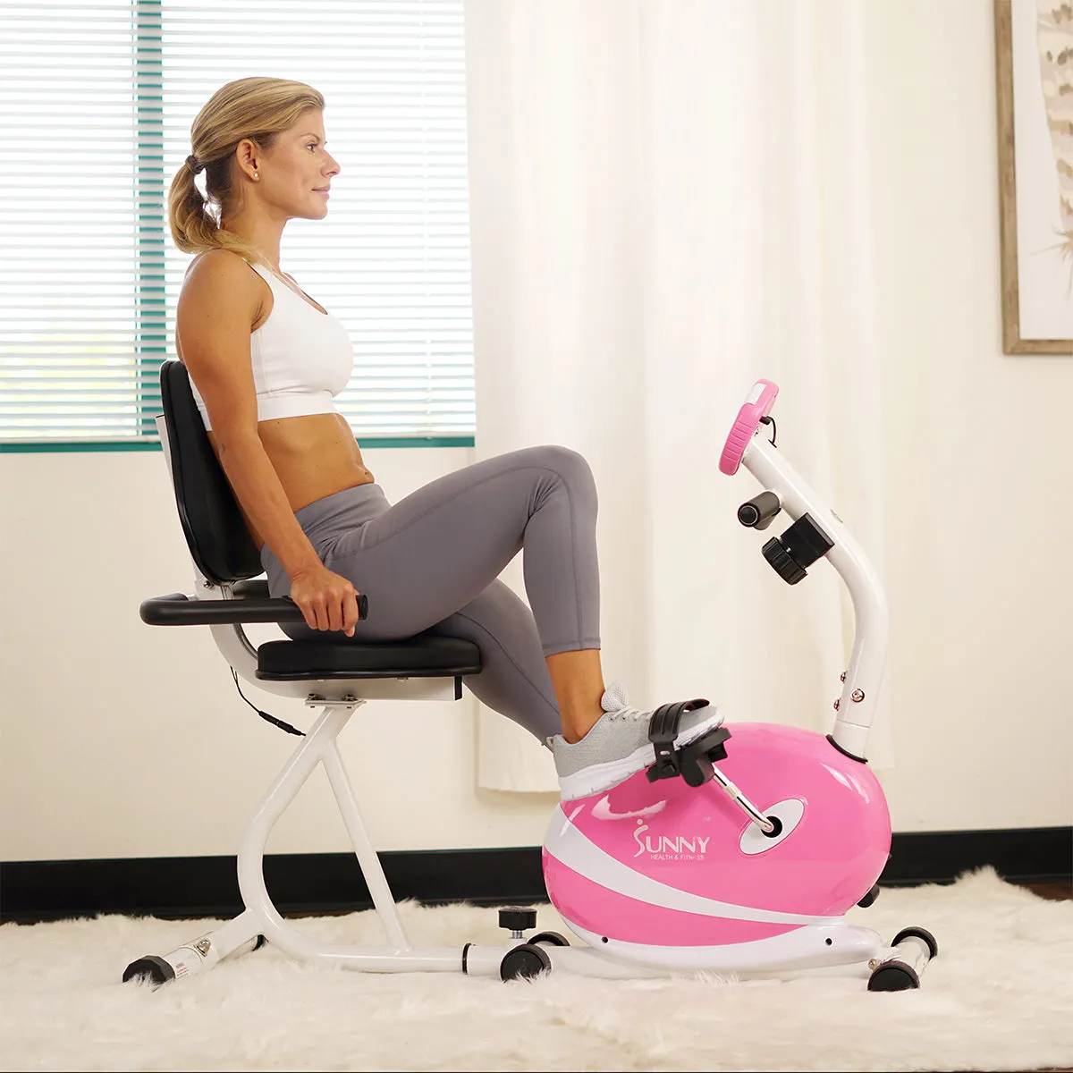 Pink Recumbent Exercise Bike Magnetic Resistance w/ Heart Rate Monitor