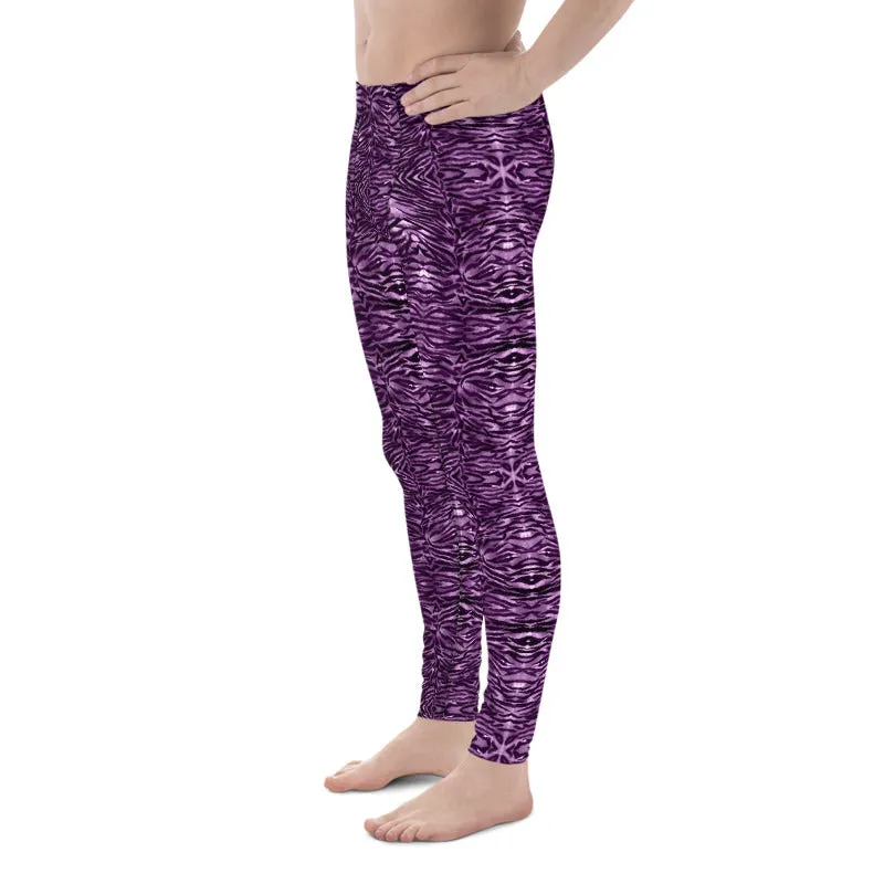 Pink Tiger Striped Men's Leggings, Purple Animal Print Meggings Run Tights-Made in USA/EU