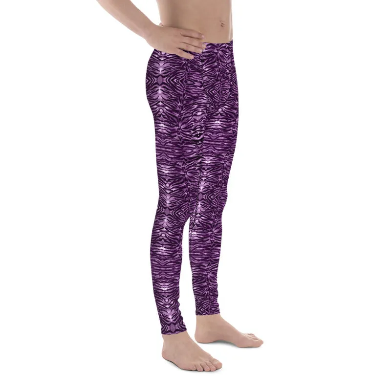 Pink Tiger Striped Men's Leggings, Purple Animal Print Meggings Run Tights-Made in USA/EU