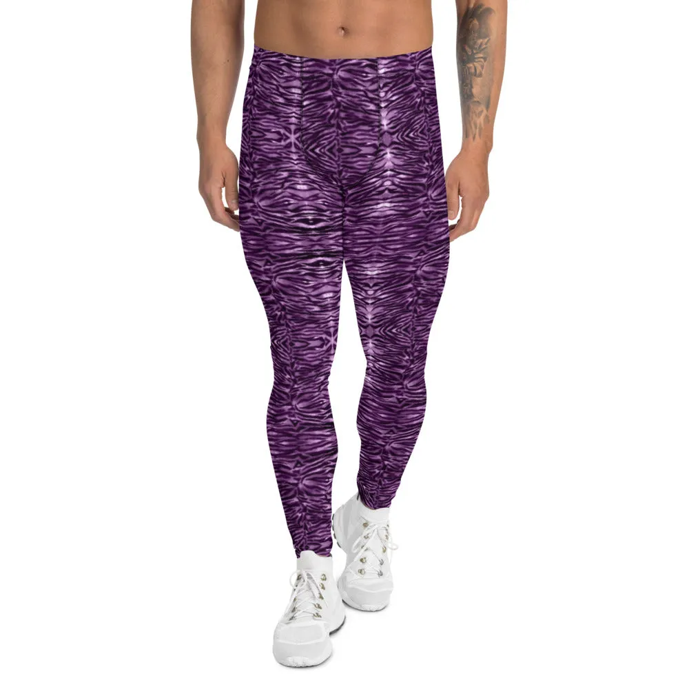 Pink Tiger Striped Men's Leggings, Purple Animal Print Meggings Run Tights-Made in USA/EU