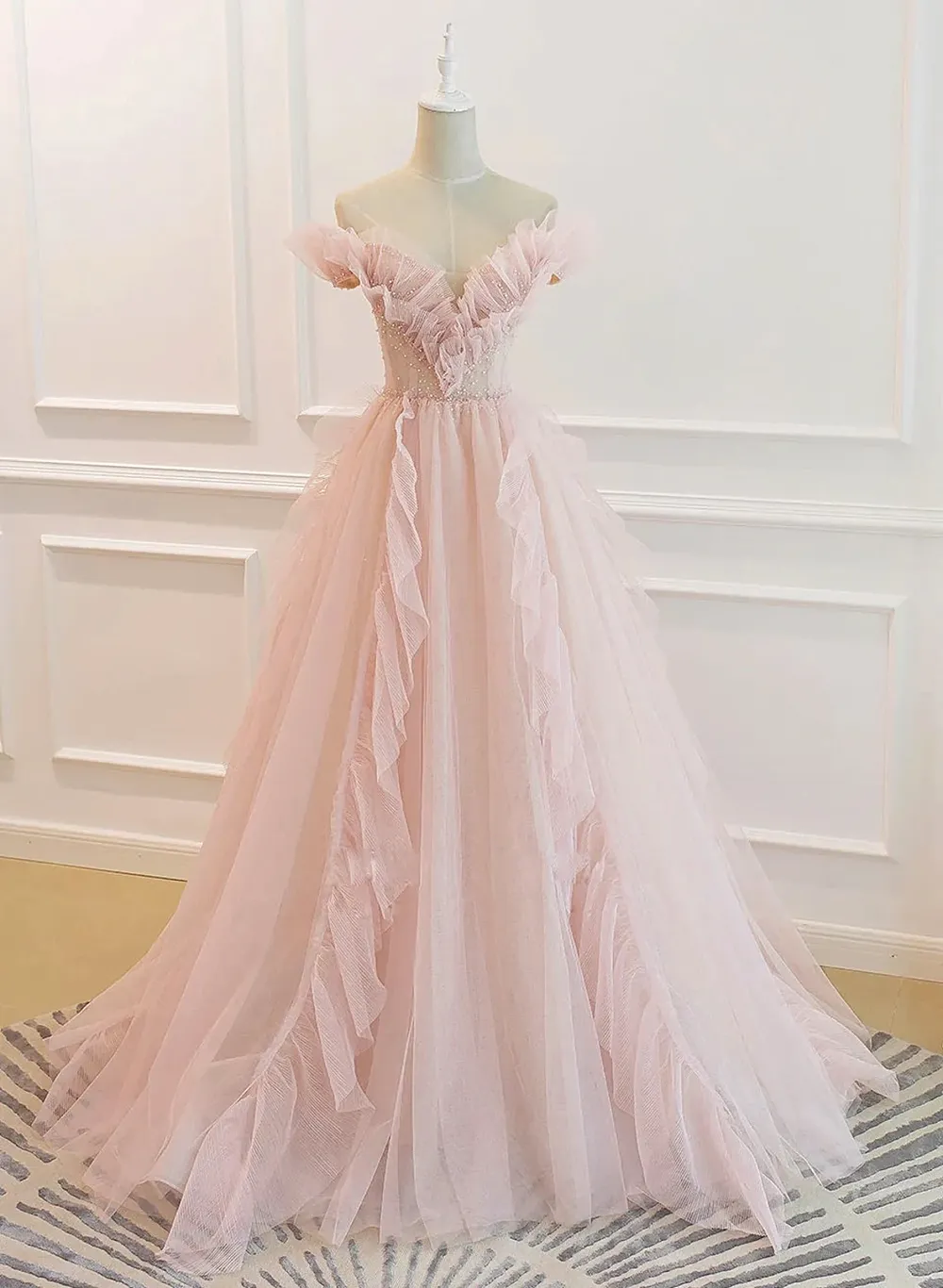 Pink Tulle Off the Shoulder A-Line Tulle Ruffles Floor-Length Prom Dress, Pink Long Party Dress