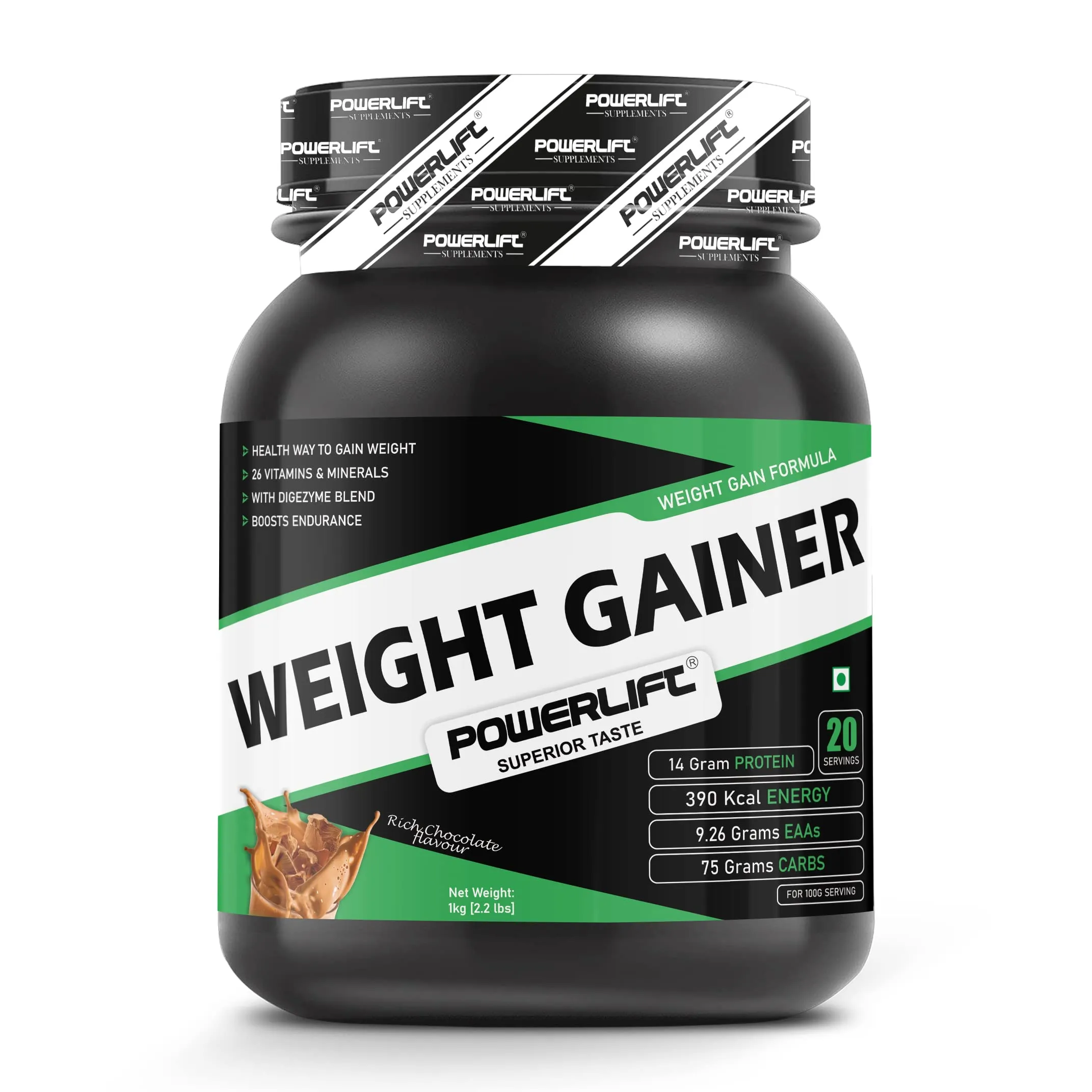 PowerLift Weight Gainer Protein Powder (1KG Chocolate) 390K Energy, 75G Carbs| High Protein & High Calorie Protein Powder for weight gain men and women use | Raw Whey from USA | With Digezyme