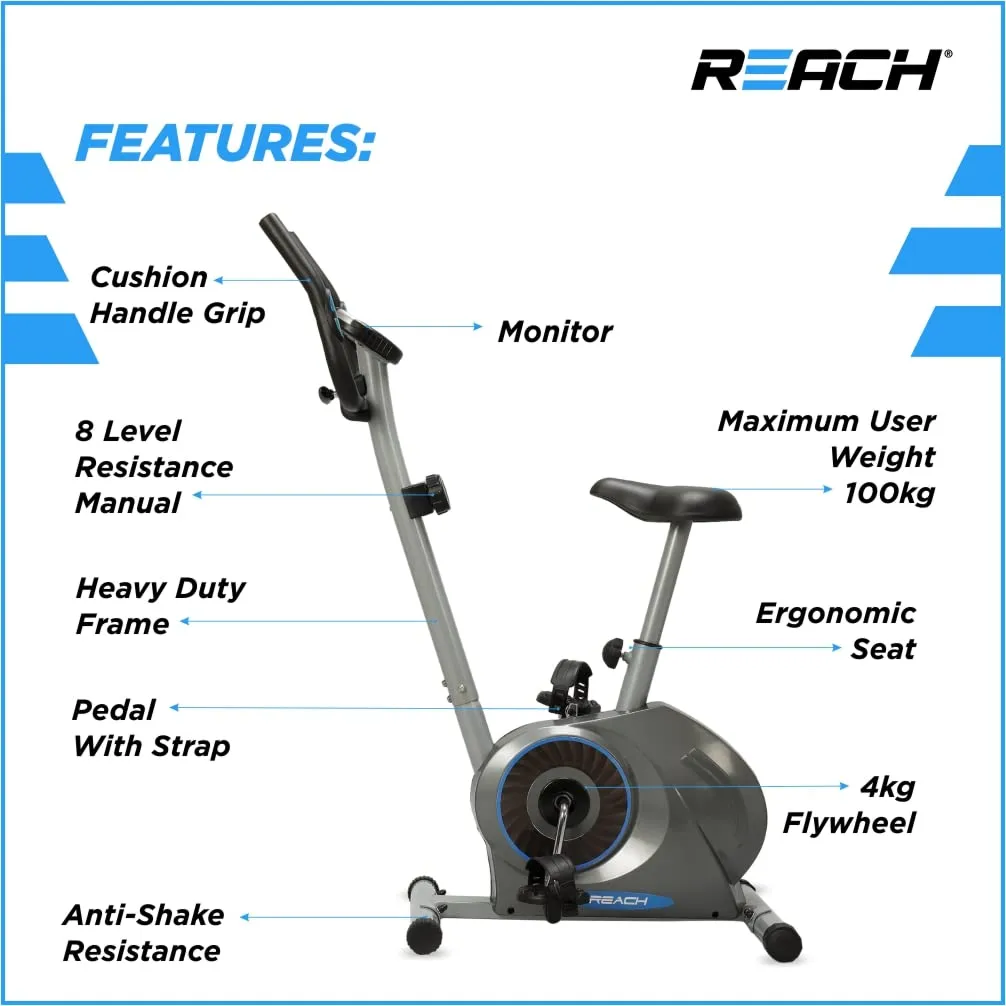 Reach B-200 Magnetic Exercise Cycle for Home Gym | Upright Stationary Exercise Bike for Cardio and Fitness Workout | Adjustable Magnetic Resistance with 4kg Flywheel and Cushioned Seat | Max User Weight 100Kg