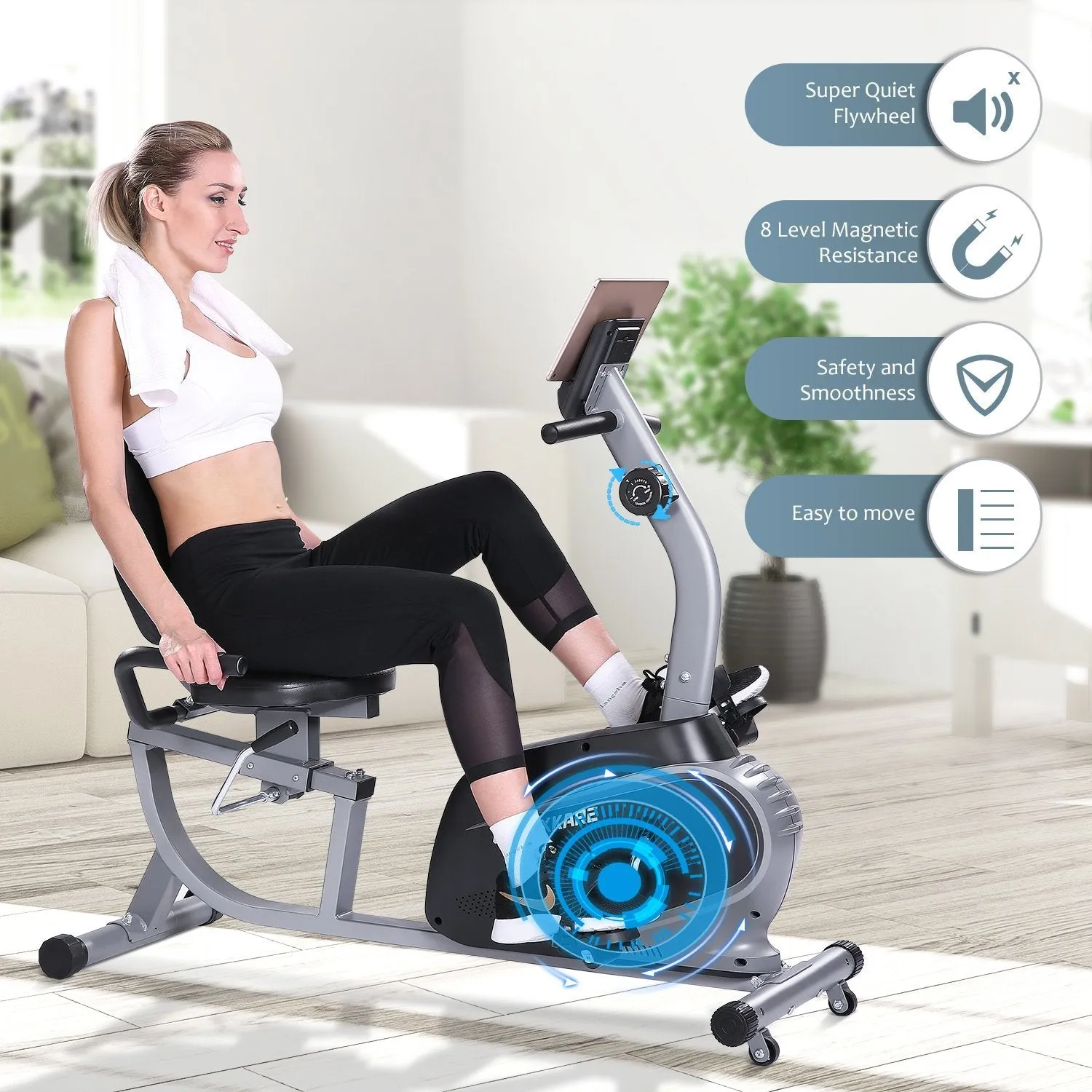 Recumbent Exercise Bike Indoor Cycling Stationary Bike with Adjustable Seat and Resistance, Pulse Monitor/Phone Holder (Seat Height Adjustment by Lever)