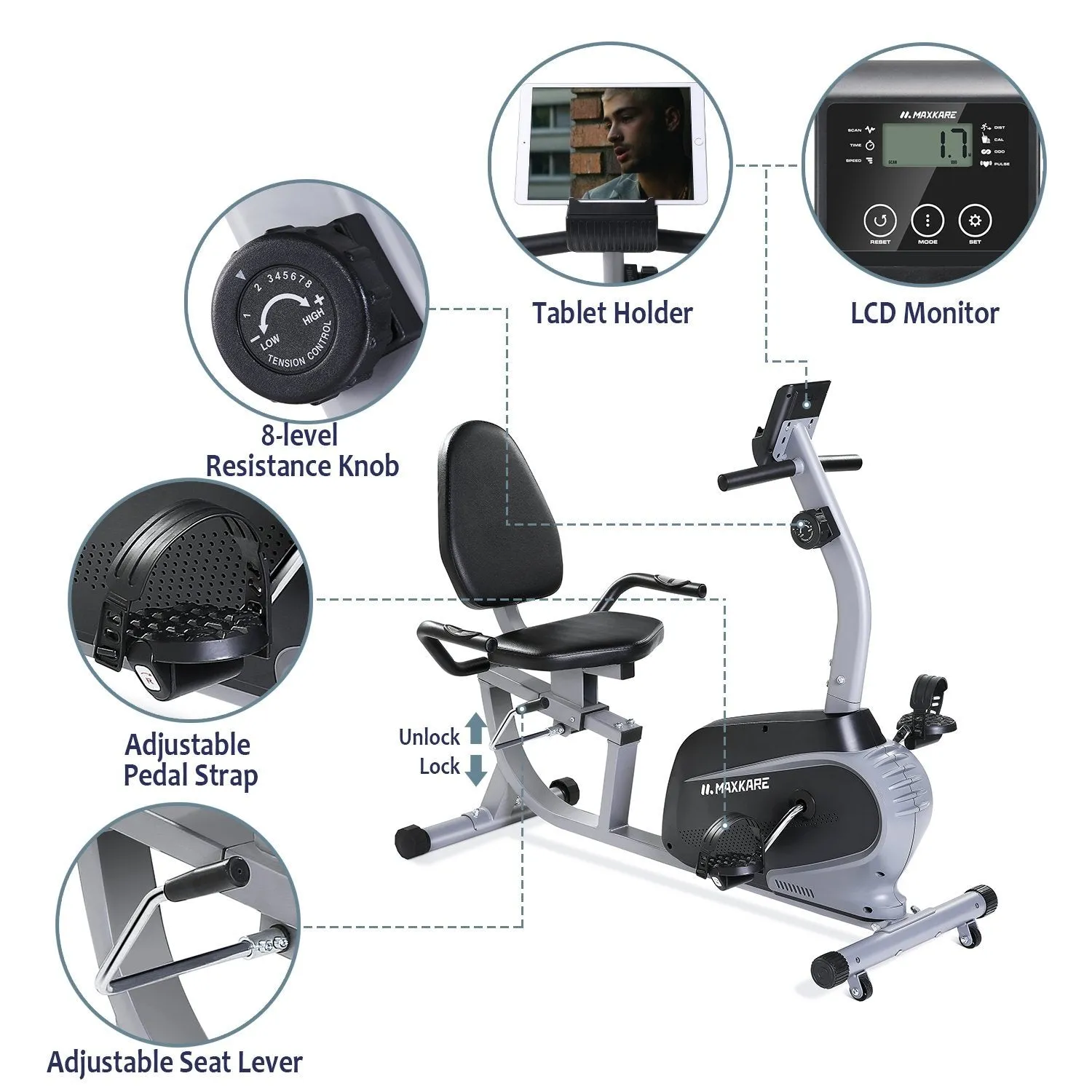 Recumbent Exercise Bike Indoor Cycling Stationary Bike with Adjustable Seat and Resistance, Pulse Monitor/Phone Holder (Seat Height Adjustment by Lever)