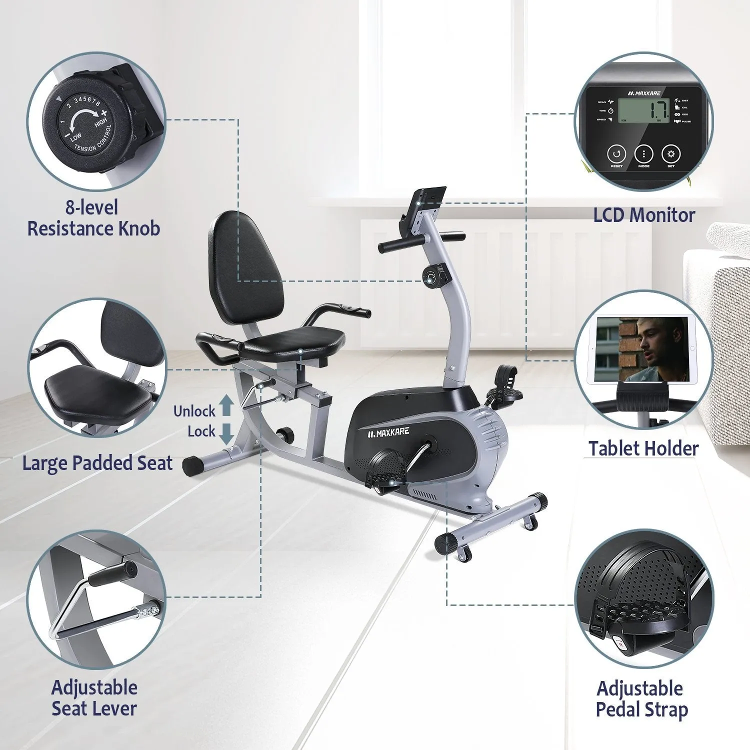 Recumbent Exercise Bike Indoor Cycling Stationary Bike with Adjustable Seat and Resistance, Pulse Monitor/Phone Holder (Seat Height Adjustment by Lever)