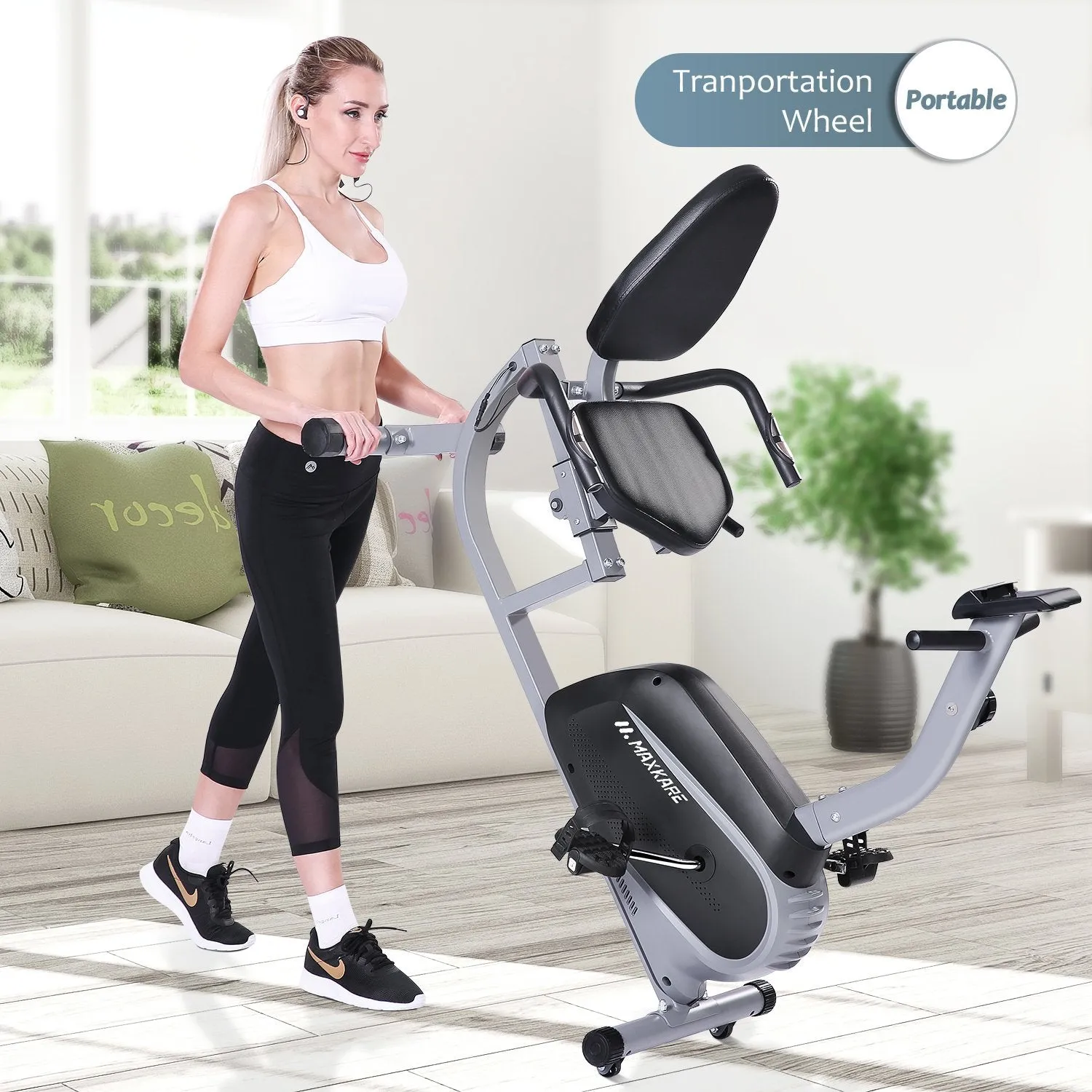 Recumbent Exercise Bike Indoor Cycling Stationary Bike with Adjustable Seat and Resistance, Pulse Monitor/Phone Holder (Seat Height Adjustment by Lever)