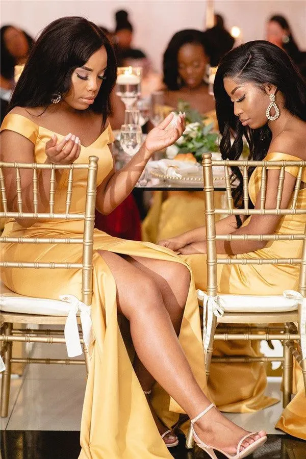 Sexy African Gold Bridesmaid Dresses,Mermaid Off Shoulder Side Slit Wedding Guest Gowns