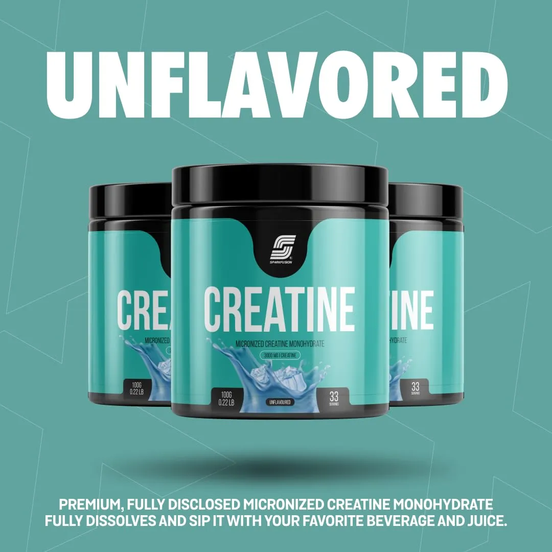 Sparkfusion Micronized Creatine Monohydrate (100g, 33 Servings) Improve Performance and Strength and Support Workout Recovery | Lab Tested | Fast Recovery | Unflavoured