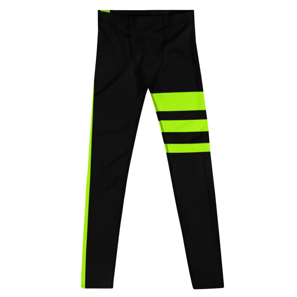 Striped Green Black Men's Leggings, Neon Green Block Colors Triple Striped Black Meggings-Made in USA/EU/MX