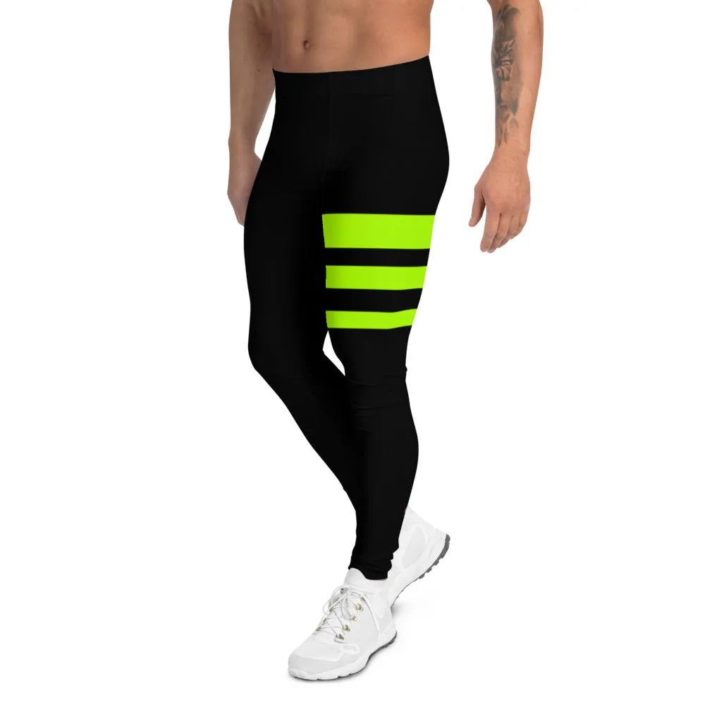 Striped Green Black Men's Leggings, Neon Green Block Colors Triple Striped Black Meggings-Made in USA/EU/MX