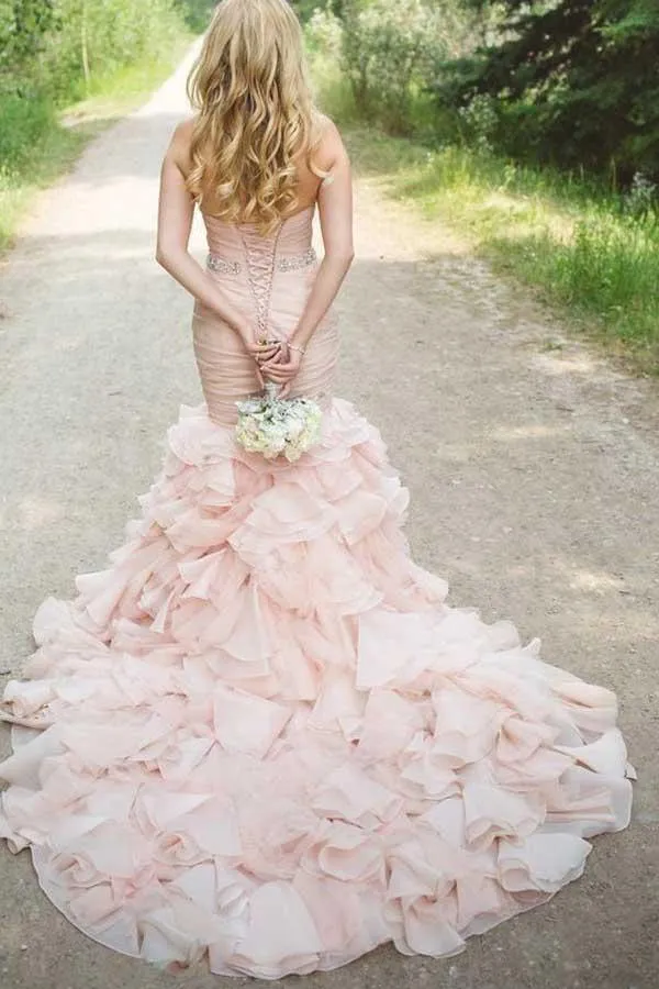 Sweetheart Tiered Train Organza Mermaid Wedding Dress with Beading WD160