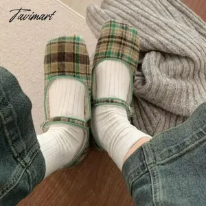 TAVIMART -  2024 Autumn Winter French Style Shoes Women Vintage Flats Square Toe Wool Mary Janes Casual Soft Ballet Shoes Comfort Loafers