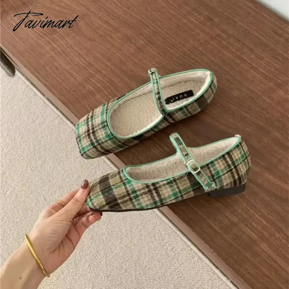 TAVIMART -  2024 Autumn Winter French Style Shoes Women Vintage Flats Square Toe Wool Mary Janes Casual Soft Ballet Shoes Comfort Loafers