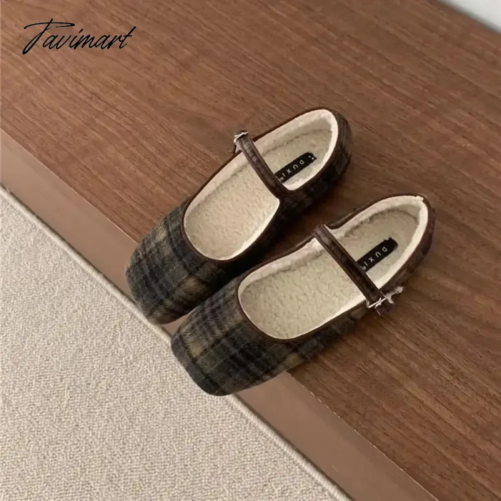 TAVIMART -  2024 Autumn Winter French Style Shoes Women Vintage Flats Square Toe Wool Mary Janes Casual Soft Ballet Shoes Comfort Loafers