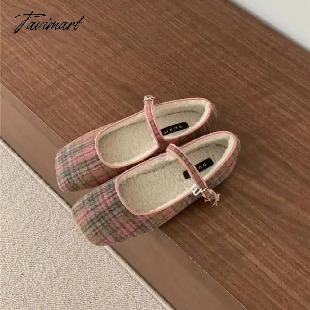 TAVIMART -  2024 Autumn Winter French Style Shoes Women Vintage Flats Square Toe Wool Mary Janes Casual Soft Ballet Shoes Comfort Loafers