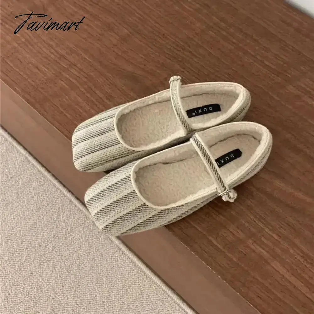 TAVIMART -  2024 Autumn Winter French Style Shoes Women Vintage Flats Square Toe Wool Mary Janes Casual Soft Ballet Shoes Comfort Loafers