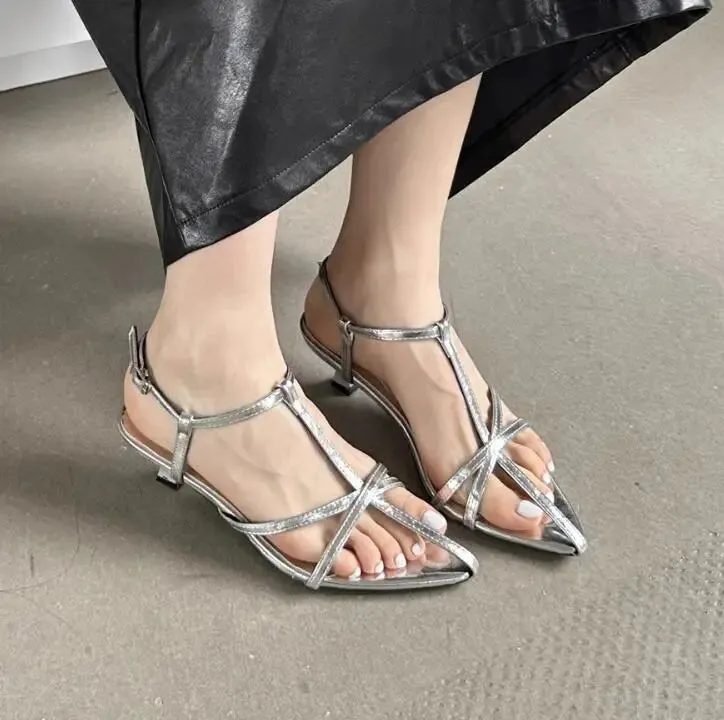 TAVIMART  -  Silver burgundy Straps Hollow pointed Toe Kitten heels Sandals cross strap Women Banquet Shoes Zapatos Mujere